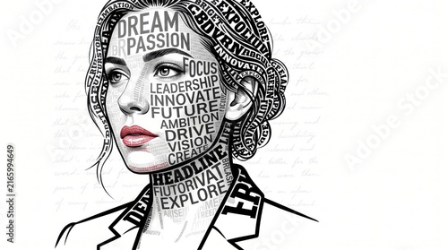 Portrait of a woman made of inspirational business words and typography concept art