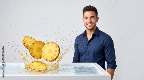 Smiling man with splashing pineapple slices in water, healthy food and tropical fruit concept.