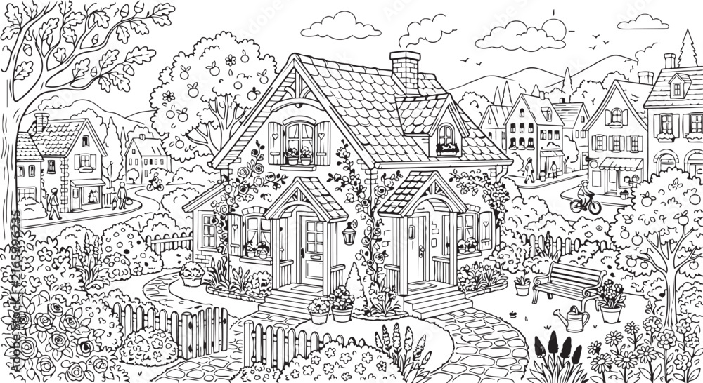 Obraz premium Vintage style engraving illustration of a grand country cottage house surrounded by dense overgrown gardens