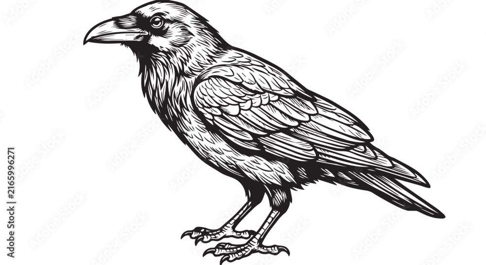Naklejka premium Detailed hand drawn ink sketch of a raven standing with illustration wildlife monochrome silhouette feathers