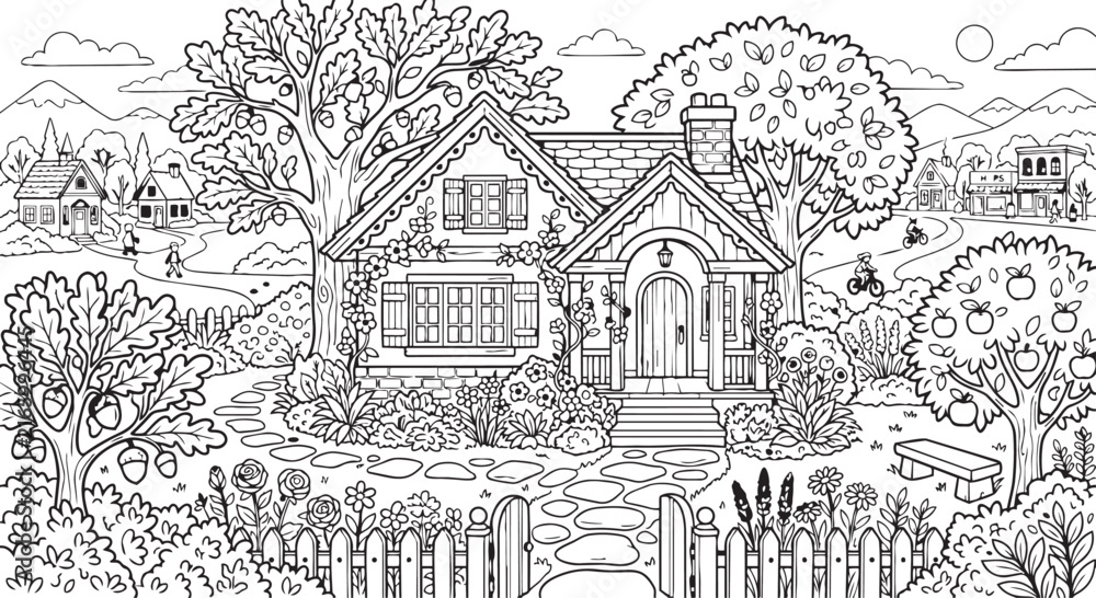 Obraz premium Charming cottage house with garden and trees landscape sketch landscape architecture building countryside exterior