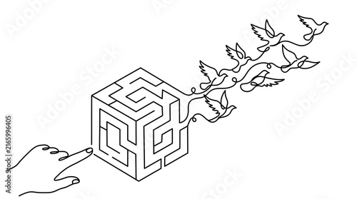 Foto Continuous line art of birds escaping cube maze with hand