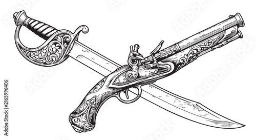 Bild auf Leinwand Historical antique crossed sword and flintlock pistol line art with flintlock hi