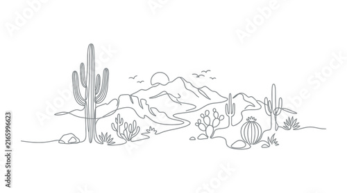 Continuous Line Drawing of a Desert Landscape with Cacti