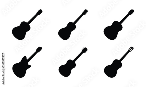 Canvas Print Collection of electric and acoustic guitars in silhouette on white background