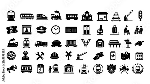 Bild auf Leinwand Set of black train and railway transportation vector icons featuring locomotives