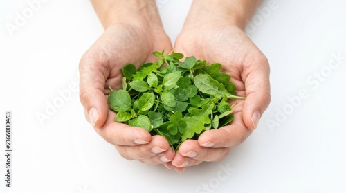 Hands holding fresh green leafy plants on white