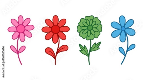 Four colorful stylized flower illustrations on white