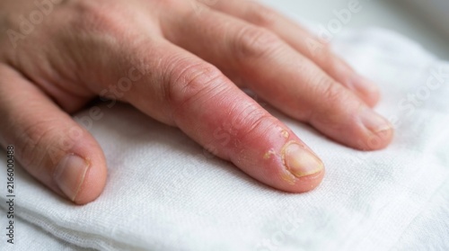 Close up of irritated finger and discolored fingernail
