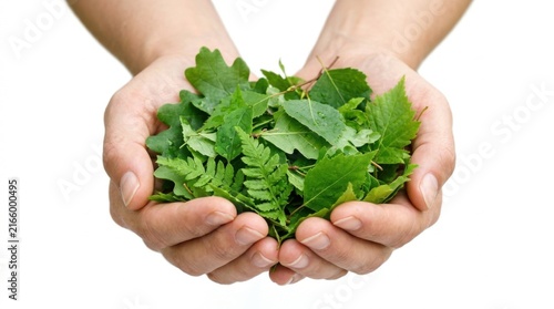 Hands holding a handful of fresh green leaves