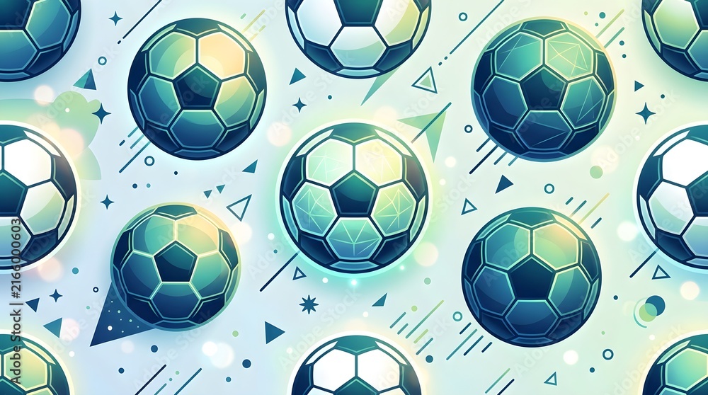 Seamless pattern of blue soccer balls with dynamic geometric elements and light effects