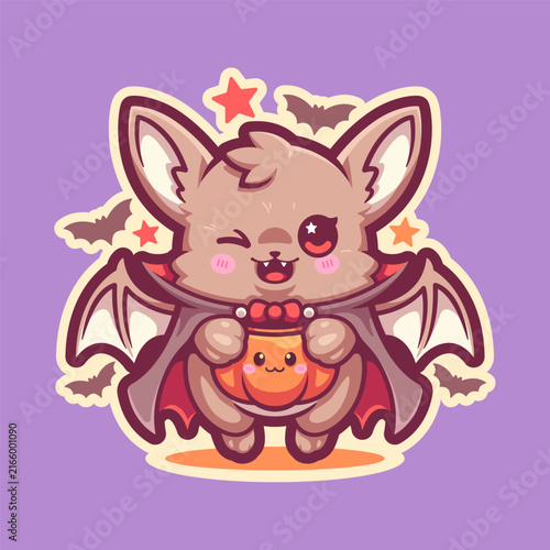 Adorable kawaii vampire bat character holding a small pumpkin, featuring large bat wings, playful expression, stars, and a Halloween-inspired costume. Charming cartoon illustration perfect for Hallowe