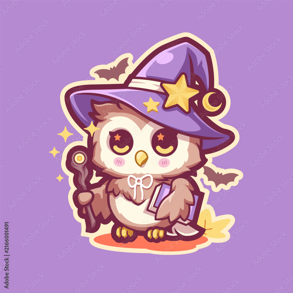 Naklejka premium Adorable kawaii owl witch character wearing a purple magical hat and holding a glowing wand, surrounded by sparkling stars and Halloween elements. Cute fantasy cartoon artwork with a charming seasonal