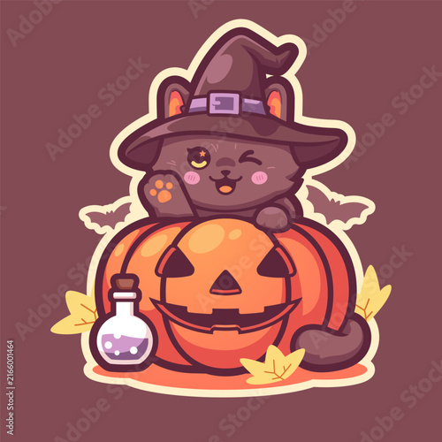 Cute black cat witch sitting on a large Halloween pumpkin while holding a magical potion bottle. The playful character wears a classic witch hat and is surrounded by autumn leaves and spooky bat eleme