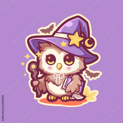 Adorable kawaii owl witch character wearing a purple magical hat and holding a glowing wand, surrounded by sparkling stars and Halloween elements. Cute fantasy cartoon artwork with a charming seasonal