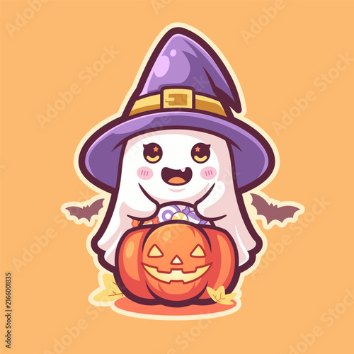 Adorable kawaii ghost character wearing a purple witch hat and holding a smiling Halloween pumpkin. Cute cartoon artwork with a playful expression, autumn leaves, and a warm seasonal atmosphere. Ideal
