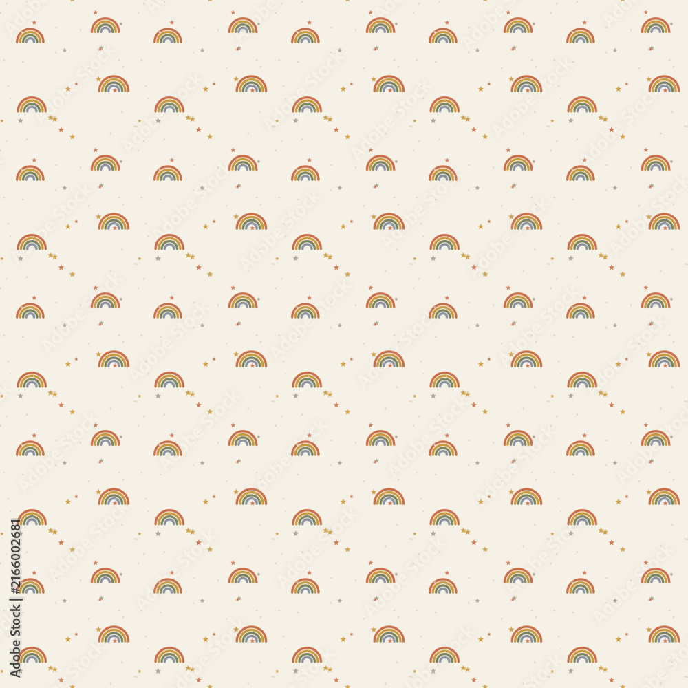 Fototapeta premium Nursery rainbows and stars seamless pattern on warm cream