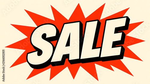 Retro comic book style sale sign with bold typography on a red starburst background.