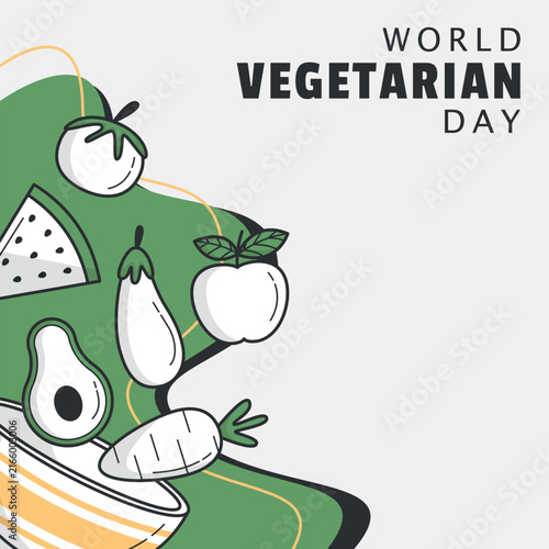 World Vegetarian Day Template. Vegetarian food drawn in outline style