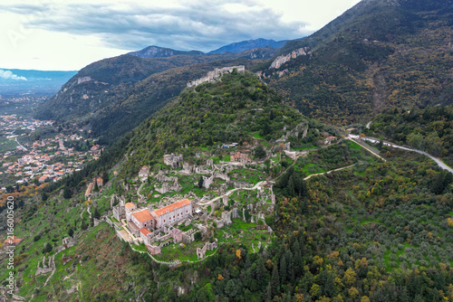 Aerial view of Mystras, a ruined Byzantine fortified town on Mount Taygetos near Sparta in the Peloponnese, Greece
