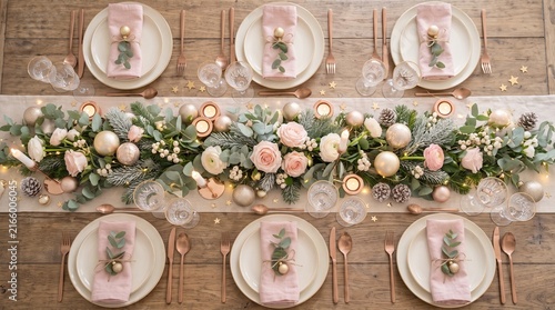Festive Christmas table setting with pink decor and floral centerpiece.