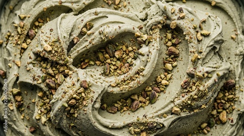Creamy pistachio gelato ice cream texture topped with crushed nut bits.