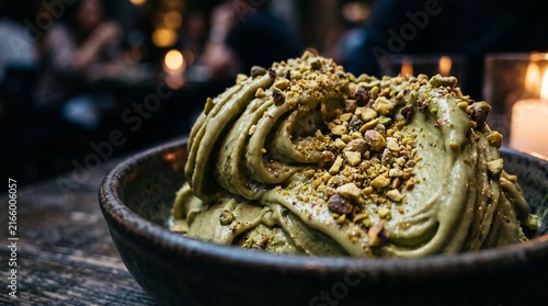 Pistachio ice cream scoops topped with nut crumble for dessert menus.