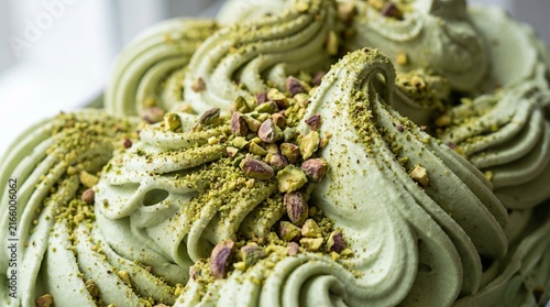 Creamy pistachio gelato swirls garnished with crushed nuts for desserts.