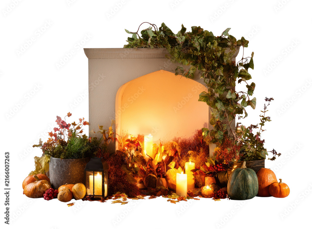 Fototapeta premium PNG Cozy autumn fireplace mantel with candles and seasonal decor