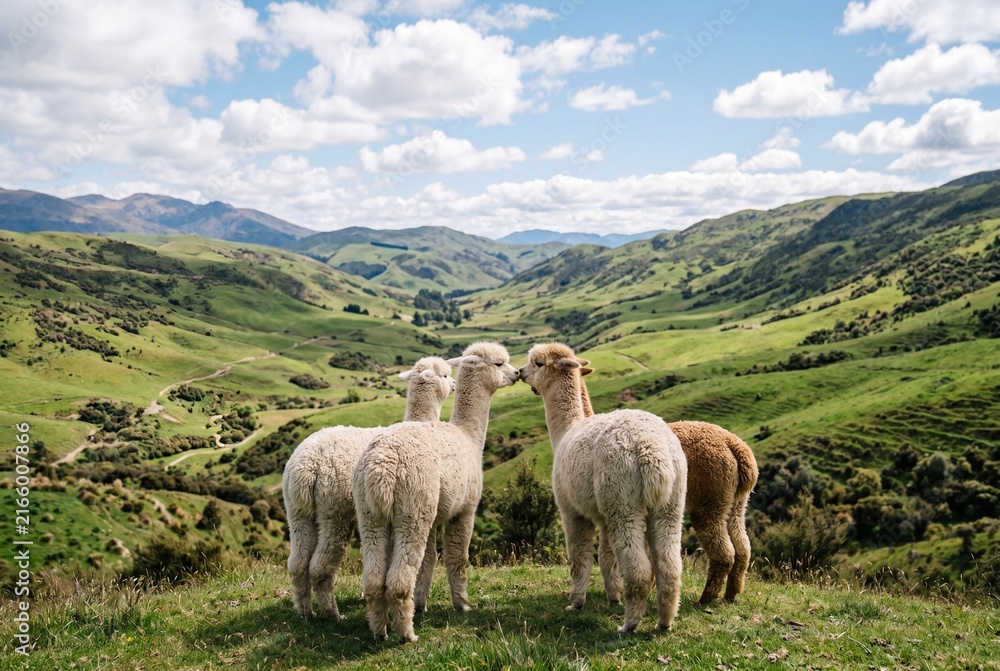 Naklejka premium Alpacas Looking Over Lush Green Mountain Valley