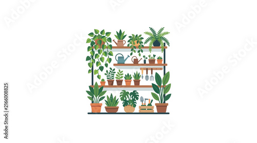 A charming illustration of various potted houseplants arranged on shelves and the floor, showcasing a green indoor garden.