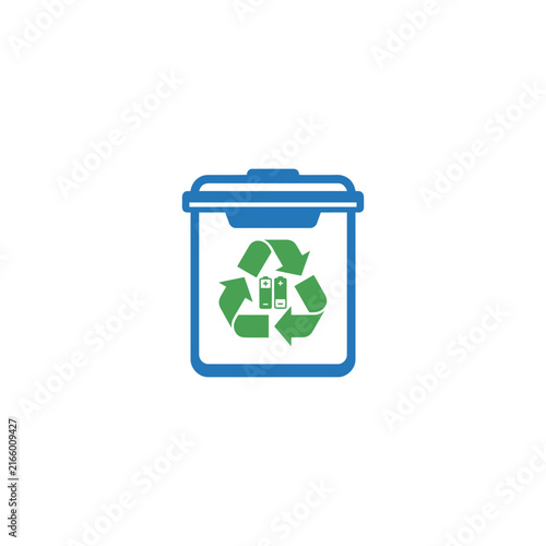 A blue bin icon with a green battery recycling symbol inside