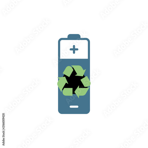 A blue battery icon with a green recycling symbol on it