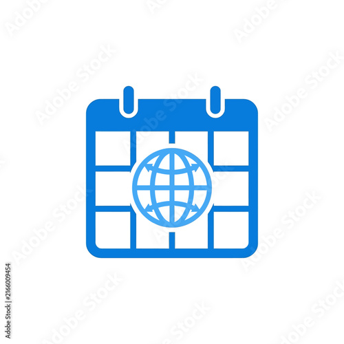 A blue calendar icon featuring a globe symbol in the center