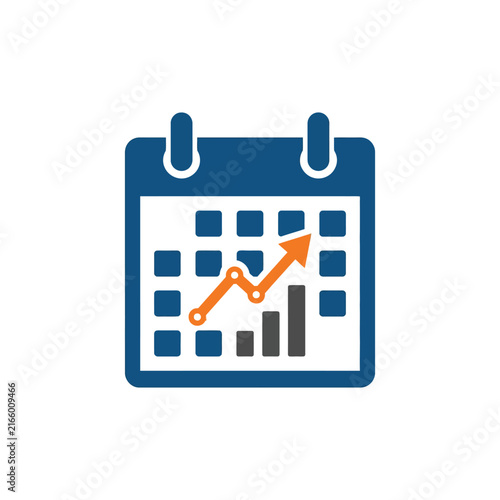 A blue calendar icon featuring an orange growth trend arrow
