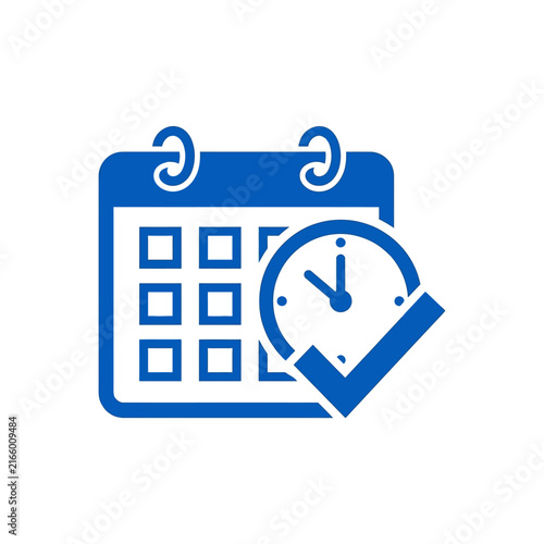 A blue calendar icon with a clock and check mark symbol