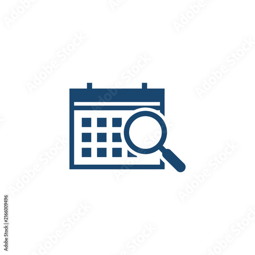 A blue calendar icon with a magnifying glass symbol on top