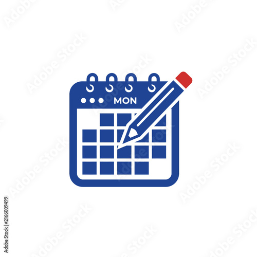 A blue calendar icon with a red pencil on white background
