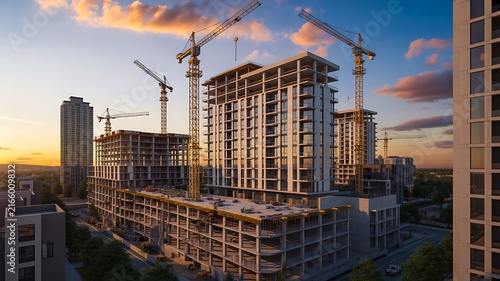 Modern high rise building construction site with tower cranes and workers at sunset