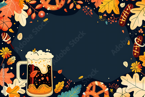 Vector illustration Oktoberfest food and autumn leaf border frame with central copy space for party invitation e ticket and menu background