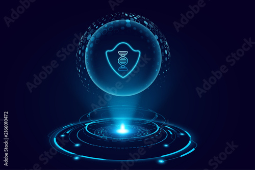 Holographic hexagonal glowing cyber sphere with a shield and DNA icon floating above a hi-tech HUD circle. Concept for healthcare background or scientific research presentation. Vector illustration.