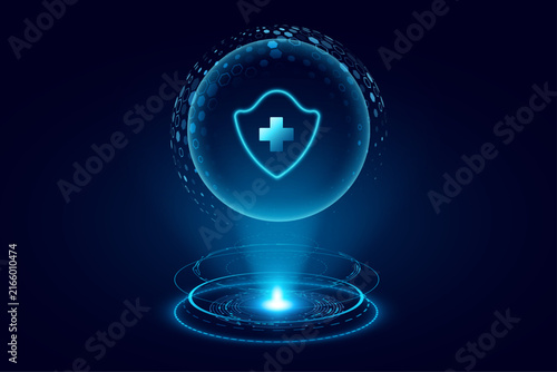 Glowing holographic sphere with a shield and medical cross floating above a hi-tech HUD circle. Hi-tech elements for healthcare background or scientific research presentation. Vector illustration.