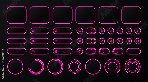 Glowing Magenta Pink Neon UI UX Component Set in Dark Mode