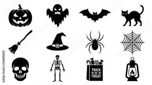 Set of Halloween icon silhouettes for holiday celebration.