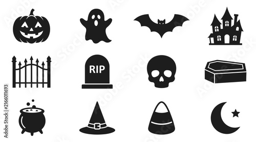 Set of Twelve Halloween Icons and Holiday Symbols.
