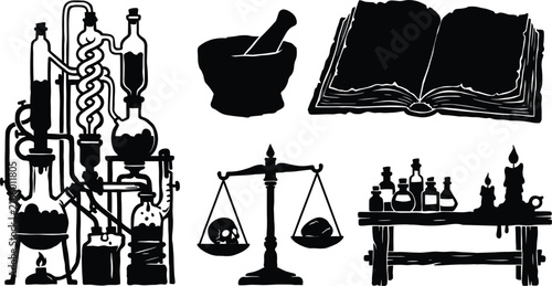 Vintage alchemy and science laboratory vector silhouette set featuring chemical distillery flasks, mortar and pestle, open magic book, balance scales, shelf bottles, and burning candle.