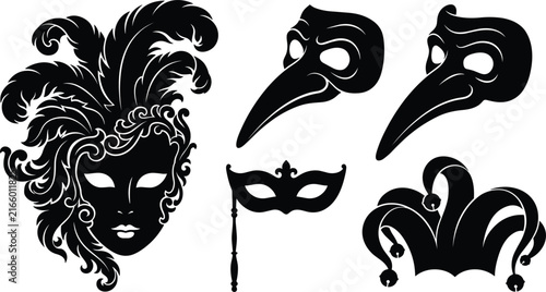 Venetian carnival mask vector silhouette set featuring elegant feathered face mask, plague doctor long nose masks, masquerade hand mask, and jester hat isolated on white
