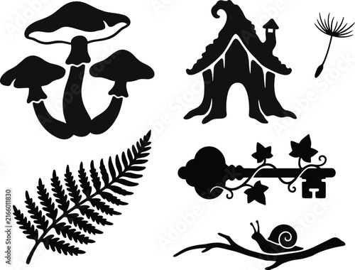 Whimsical fairy forest vector silhouette set featuring enchanted fantasy mushrooms, a fairy cottage house, fern leaf, dandelion seed, vintage key with ivy, and a small snail on a branch.