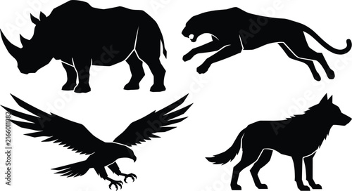 Wild animals and predators vector silhouette set featuring African rhinoceros, leaping black panther leopard, flying eagle bird of prey, and standing wild wolf isolated on white.