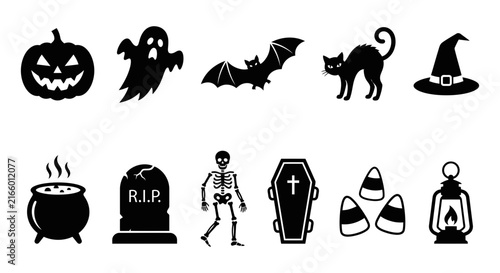 Set of ten spooky Halloween themed icons in black silhouette style.